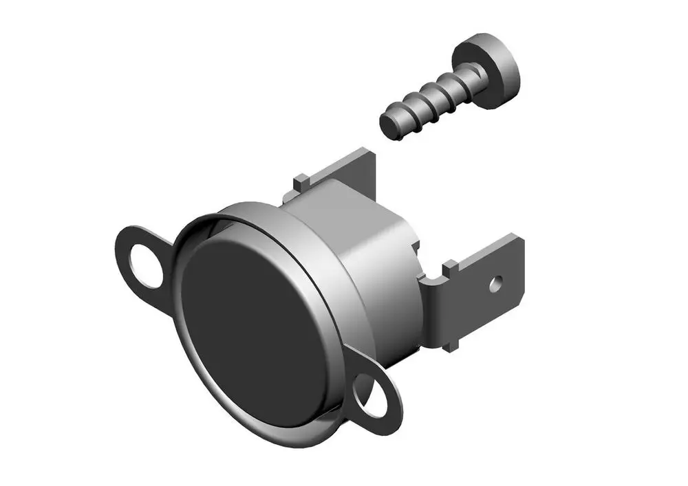 Temperatursensor von Bosch, in runder Form mit zwei Befestigungslöchern und einem Schraubenanschluss, dargestellt aus einer seitlichen Perspektive.